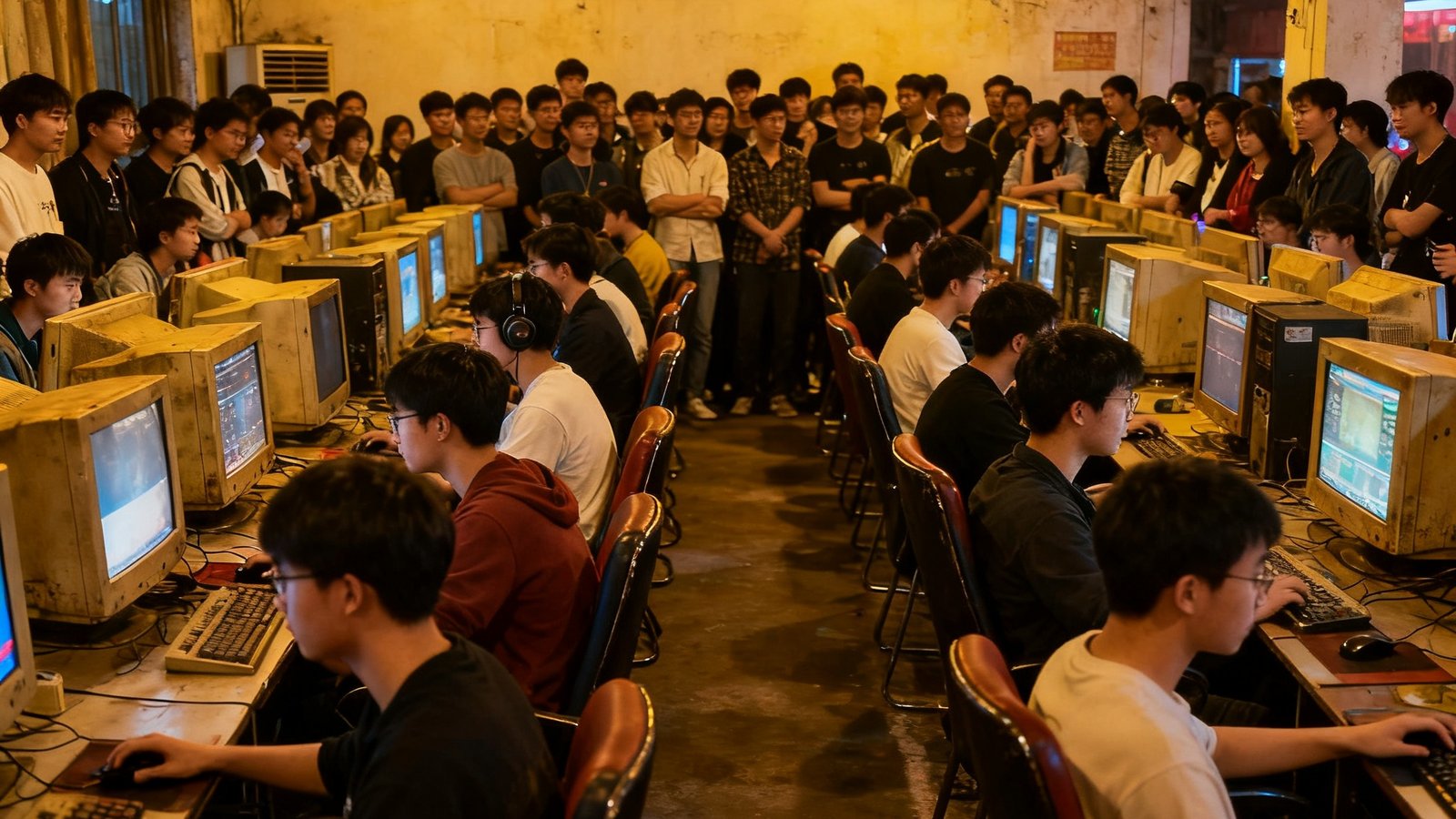 一家老式网吧内部临时布置的比赛区域，横幅写着社区电竞争霸赛，参赛选手年龄跨度从16岁到40多岁，围观群众挤满了过道