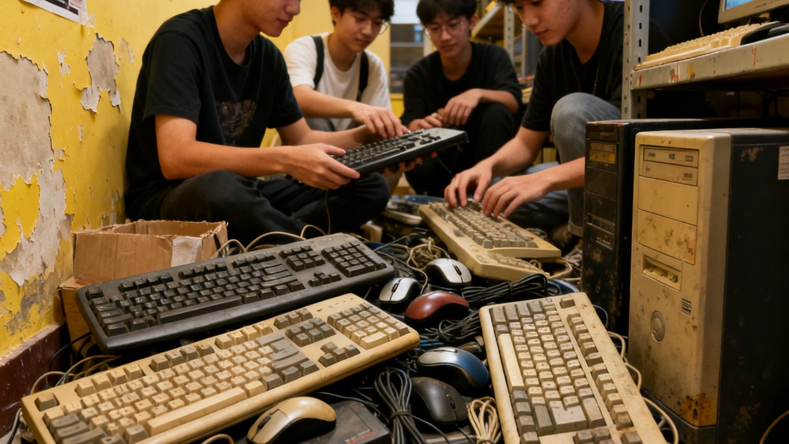 几名大学生在狭小的社团仓库里清点老旧的外设装备，地上堆放着捐赠来的二手键盘和鼠标