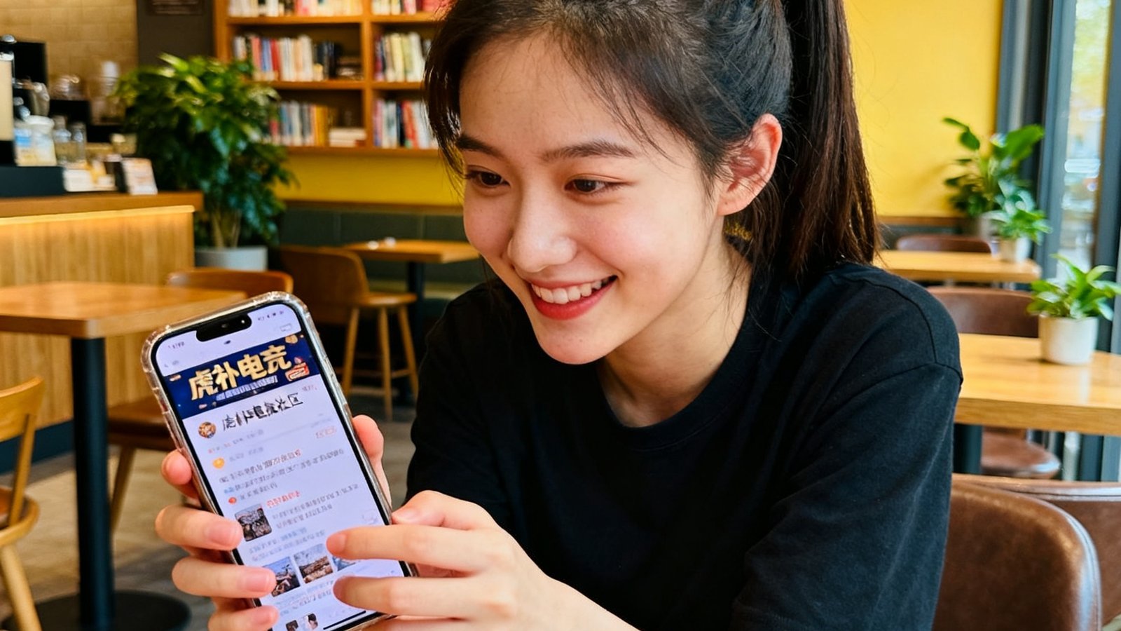 一位扎着马尾的年轻女性坐在咖啡馆里用手机浏览虎扑电竞社区帖子，面带微笑