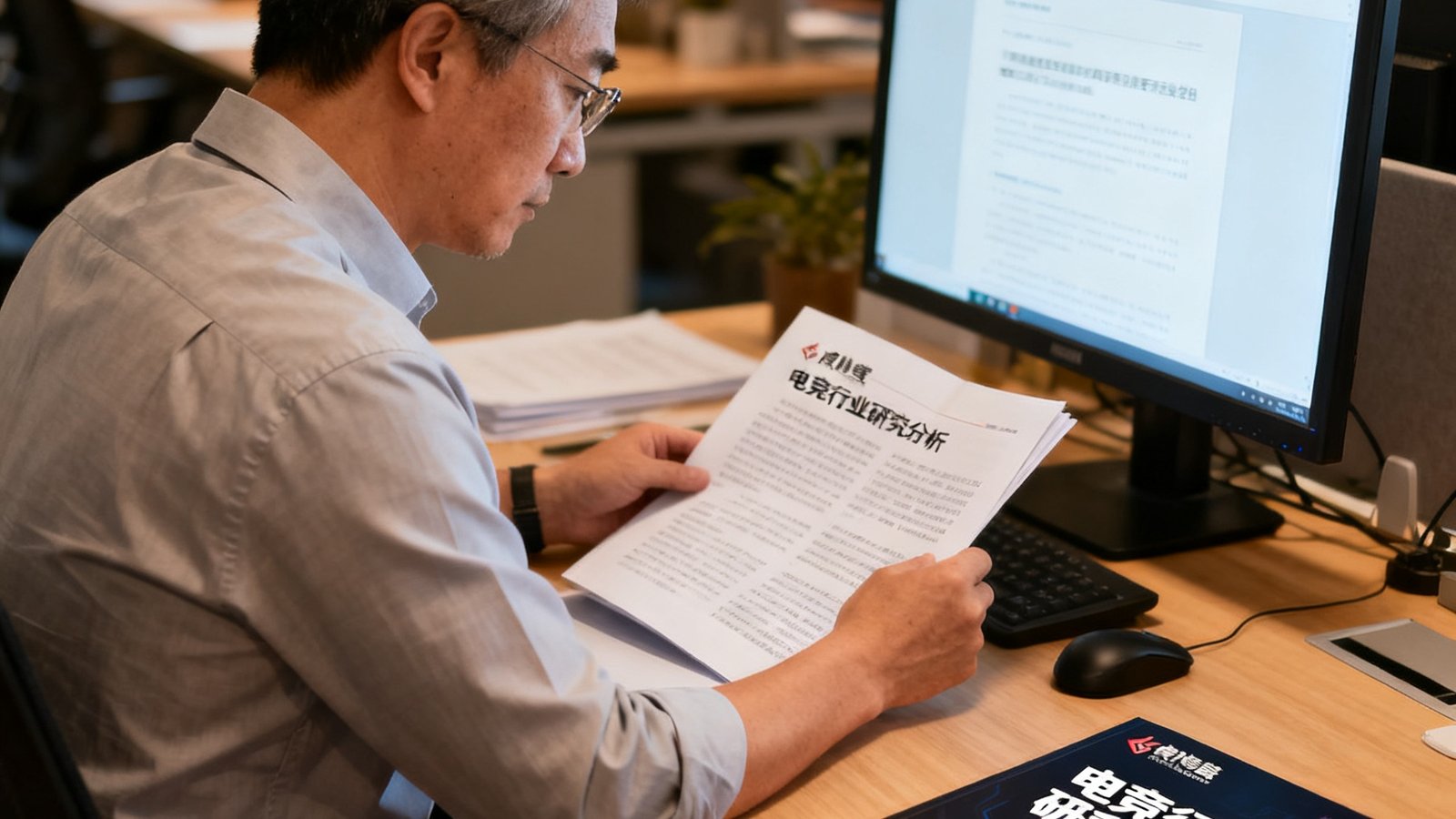 一位穿着衬衫的中年男性在办公室电脑前阅读虎扑电竞的产业分析文章，桌面上摆放着电竞行业研究报告