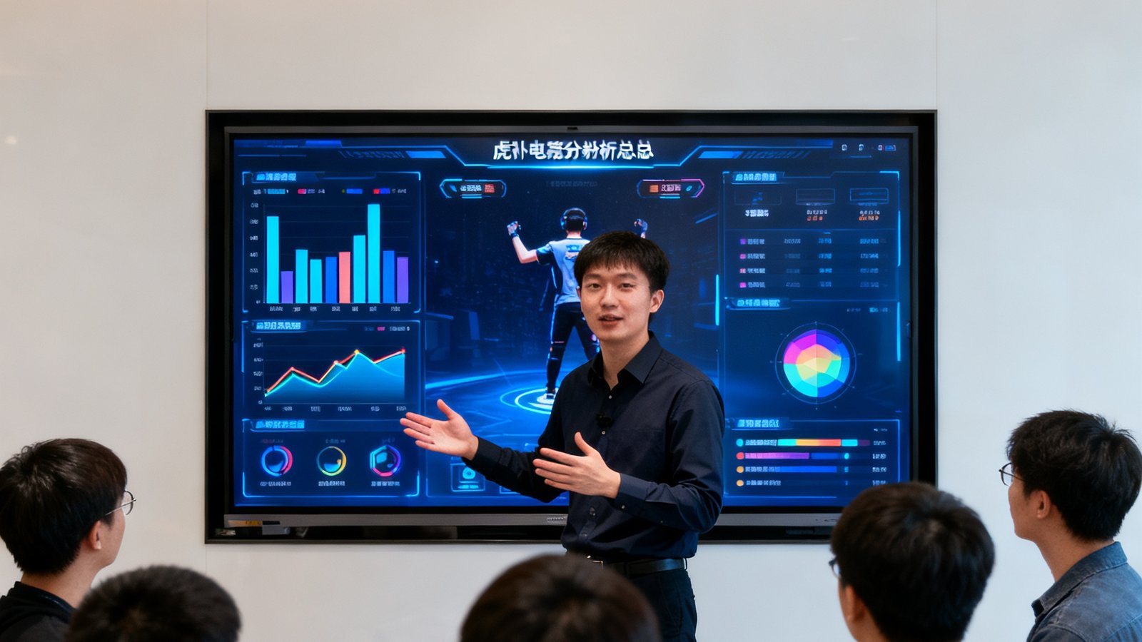 虎扑电竞数据分析总监林泽宇站在大屏幕前向团队演示选手操作数据的可视化分析结果